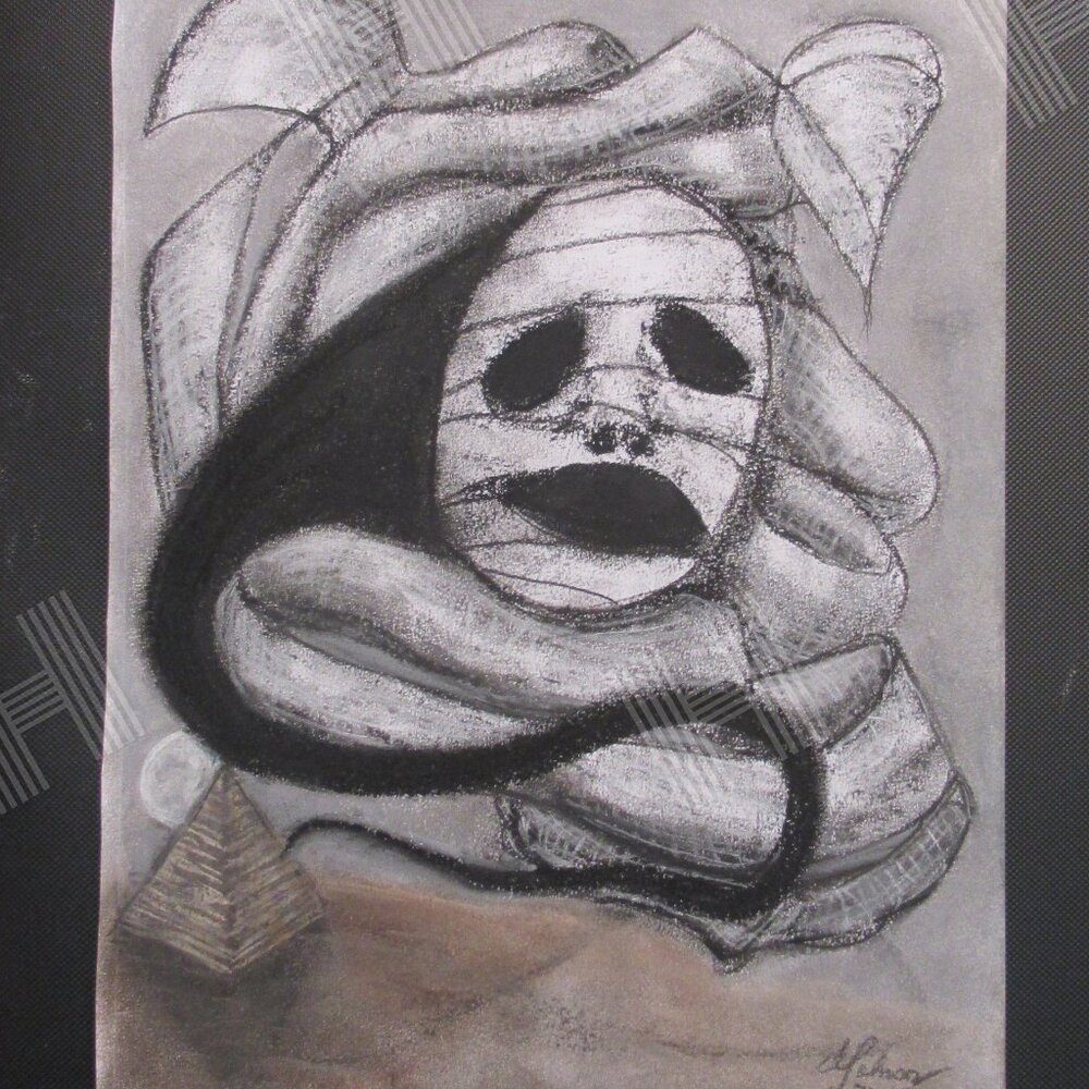 'Untitled' Pastel Painting on Paper, Mummy, Pyramid, Dessert, Conceptual, Framed